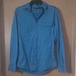 Black Brand Men's Collared Button Down Shirt; Blue & White Pin Stripe; Small